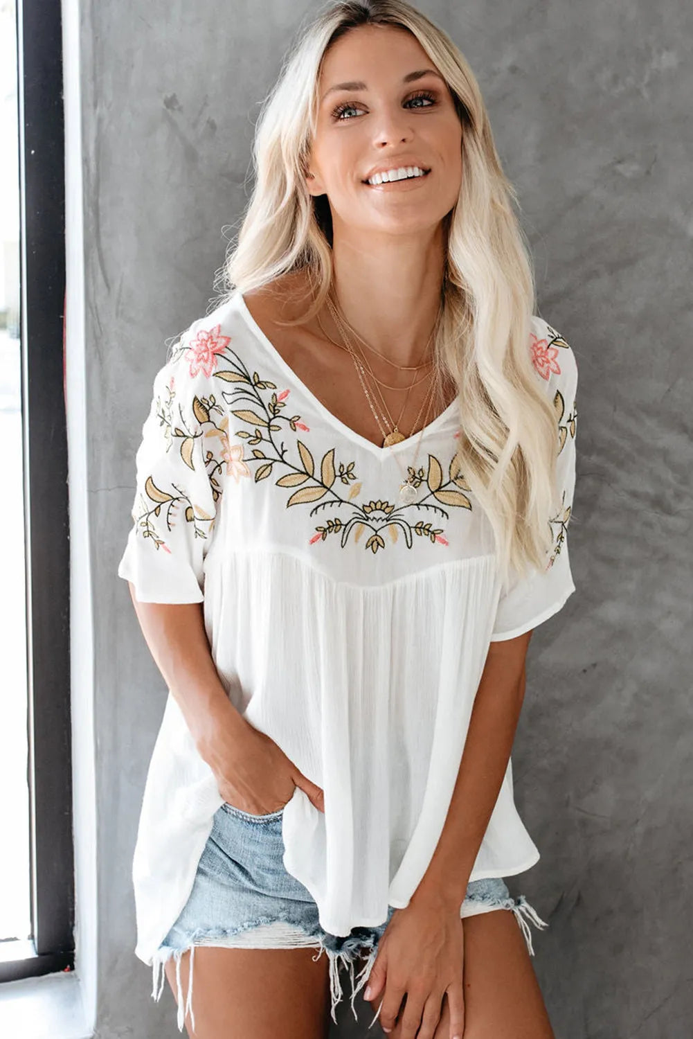 White Floral Embroidered V Neck Crinkle Babydoll Blouse - Chic Meadow Boutique 