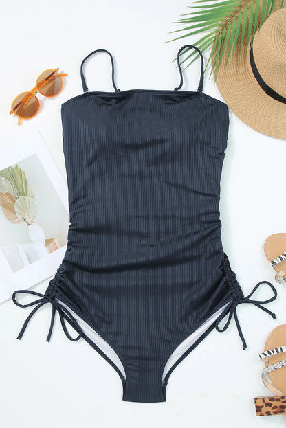 Navy Blue Ribbed Drawstring Sides Cutout One Piece Swimsuit - Chic Meadow Boutique 