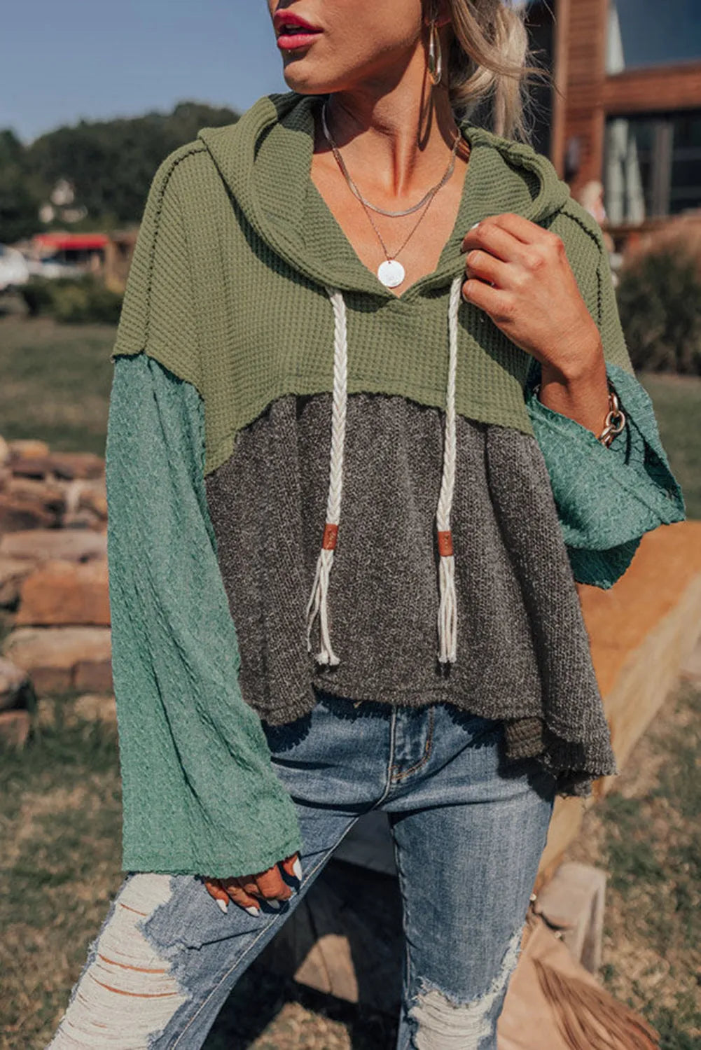 Laurel Green Mixed Textured Colorblock Patchwork Wide Sleeve Frayed High Low Hooded Top - Chic Meadow Boutique 