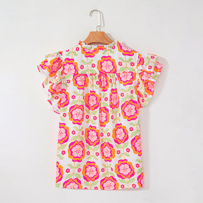 Rose Floral Ruffled Sleeve Ric-rac Trim Split Neck Loose Blouse