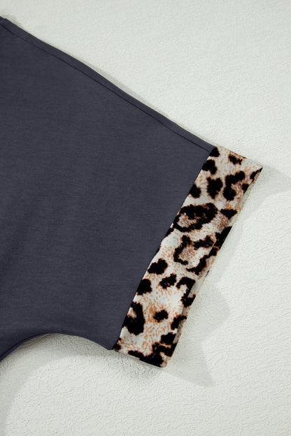 Dark Grey Contrast Leopard Bow Patched Short Sleeve T Shirt Long Dress