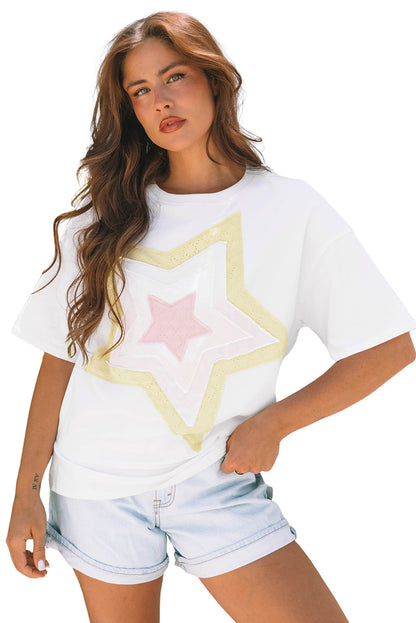 White Star Layered Patched Graphic Drop Shoulder Half Sleeve Loose Tee