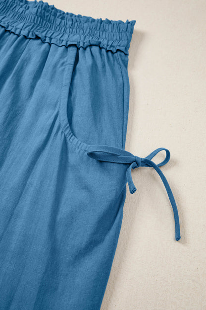 Prussian Blue Smocked Waist Casual Jogger Style Pants