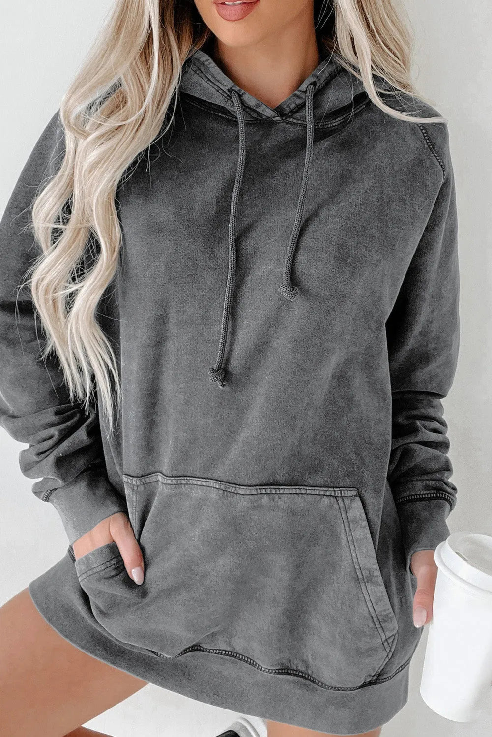 Gray Mineral Wash Kangaroo Pocket Drawstring Pullover Hoodie - Chic Meadow Boutique 