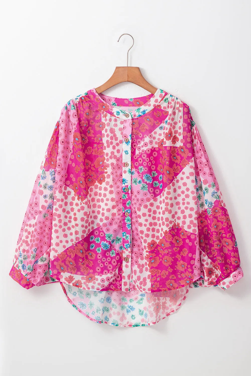 Rose Red Floral Allover Print Buttoned V Neck Oversized Shirt - Chic Meadow Boutique 