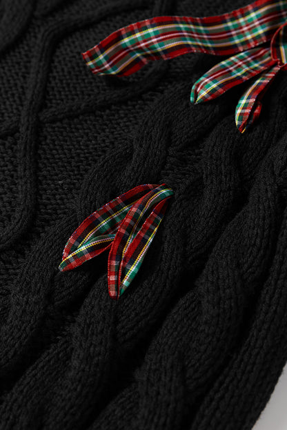 Black Plaid Lace up Detail Christmas Holiday Puff Short Sleeve Sweater