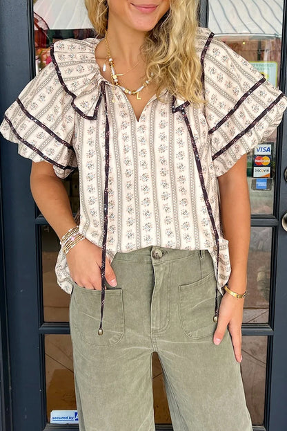 White Floral Ruffled Collar Short Puff Sleeve Printed Blouse