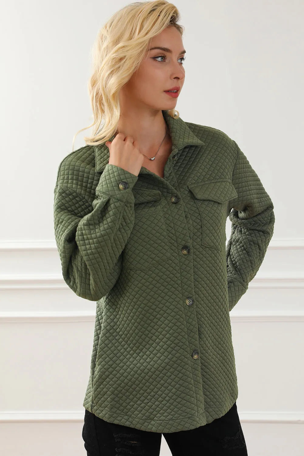 Green Retro Quilted Flap Pocket Button Shacket - Chic Meadow Boutique 