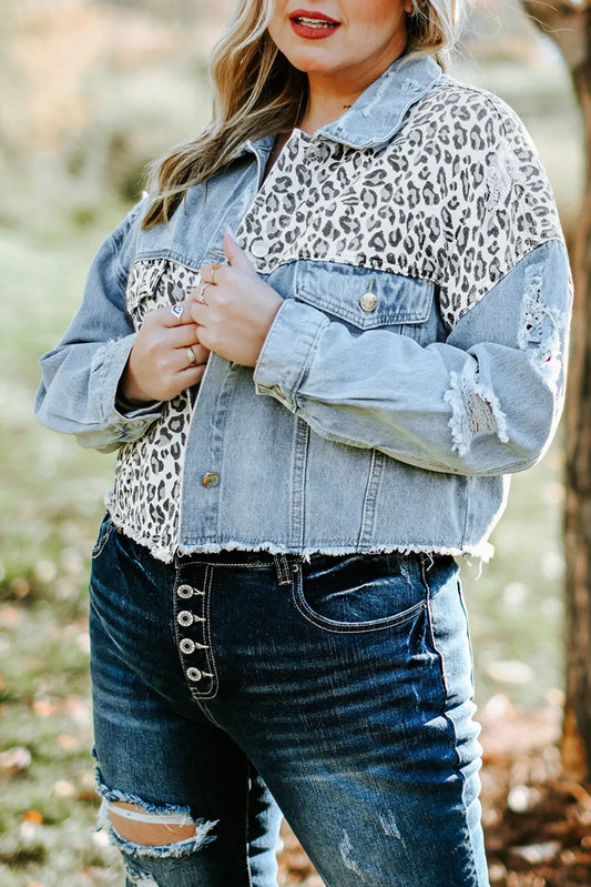 Blue Plus Size Leopard Ripped Cropped Denim Jacket - Chic Meadow Boutique 