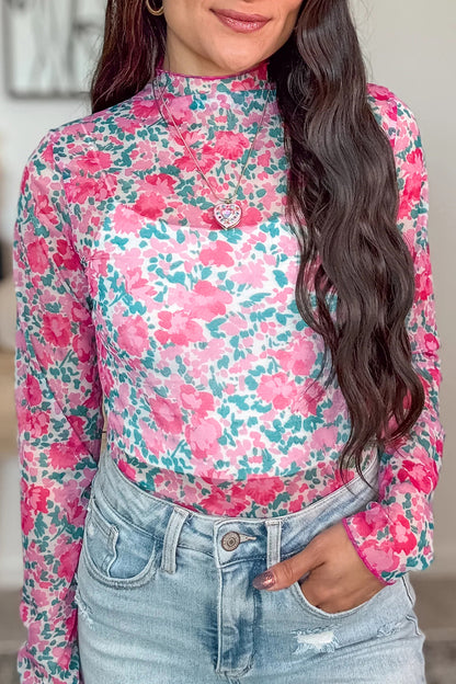 Pink Slim Fit Floral Mesh Long Sleeve Mock Neck Top