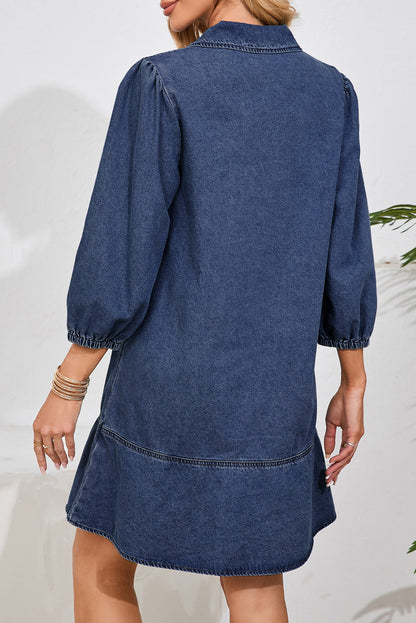Sail Blue V Neck Collared Single Chest Pocket Long Sleeve Denim Dress