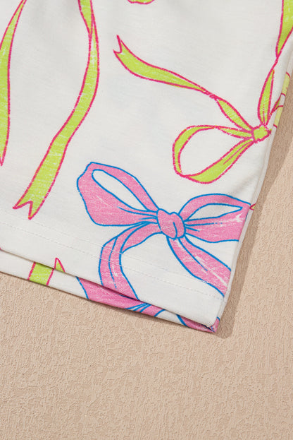 White Cheerful Bow Print Elastic Pull On Casual Shorts