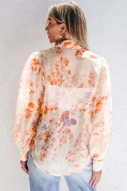 White Floral Print Collared Balloon Sleeve Loose Shirt - Chic Meadow Boutique 