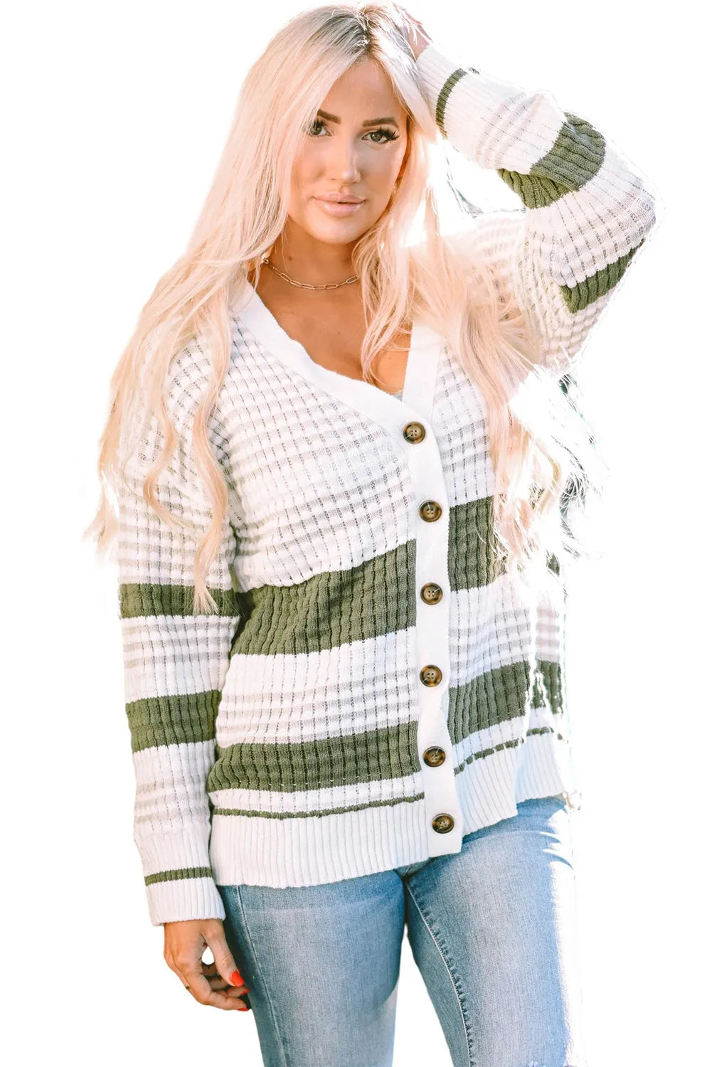 Green Colorblock Textured Knit Buttoned Cardigan - Chic Meadow Boutique 