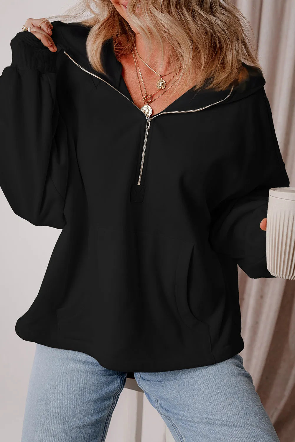 Black Fleece Lined Half Zipper Kangaroo Pockets Loose Hoodie - Chic Meadow Boutique 