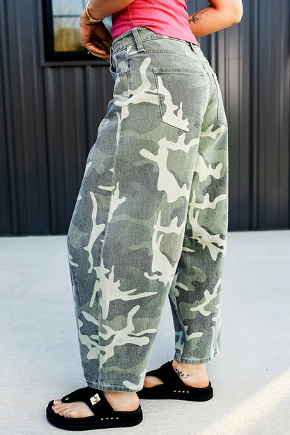 Green Camo Print Button Fly Straight Leg Ankle Length Jeans