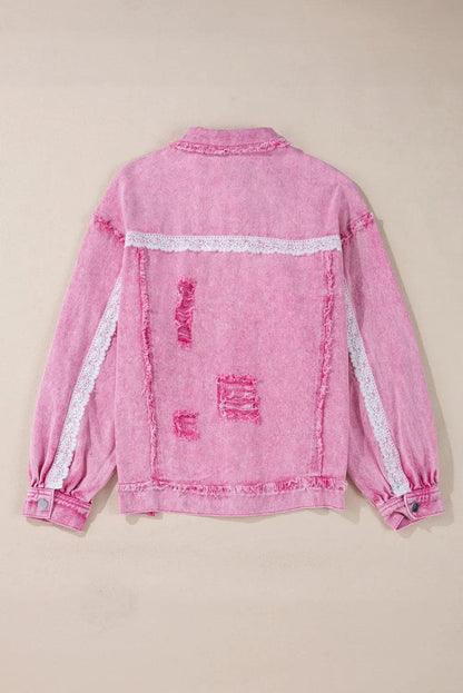 Outerwear/Denim jackets Pink Lace Patchwork Distressed Buttoned Denim Jacket