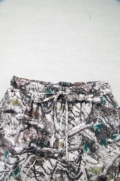 Brown Camo Long Sleeve Top Elastic Waist Shorts Two Piece Set