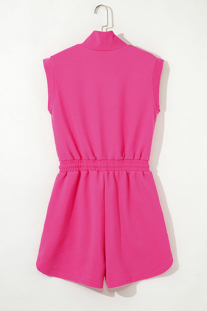 Rose Red Textured Short Sleeve Half Zip Drawstring Waist Romper