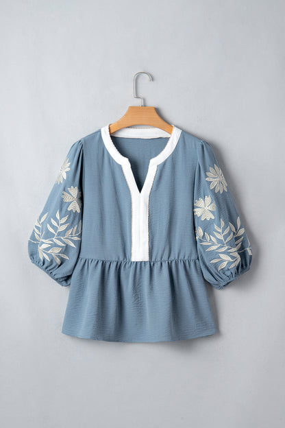 Myosotis Color Block Patchwork V Neck Embroidered Puff Sleeve Babydoll Blouse