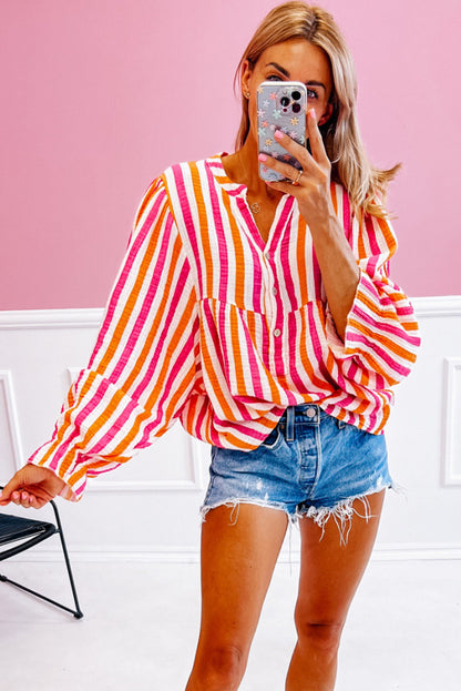 Orange Stripe Balloon Sleeve Notched V Neck Buttoned Front Blouse