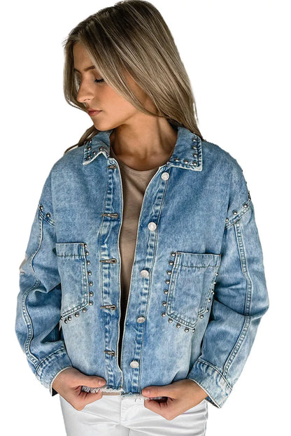 Sky Blue Studded Acid Wash Denim Jacket - Chic Meadow Boutique 