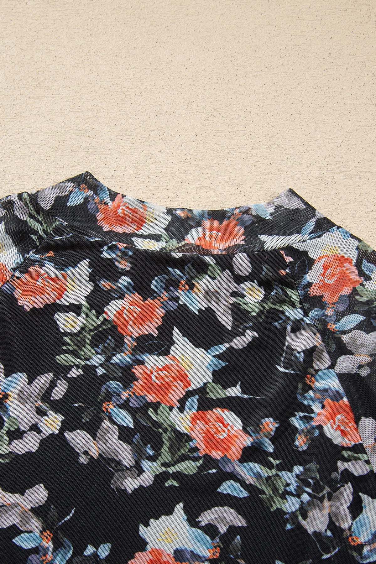Black Floral Print Mesh Long Sleeve Stand Neck Pullover Top