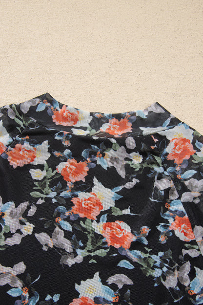 Black Floral Print Mesh Long Sleeve Stand Neck Pullover Top