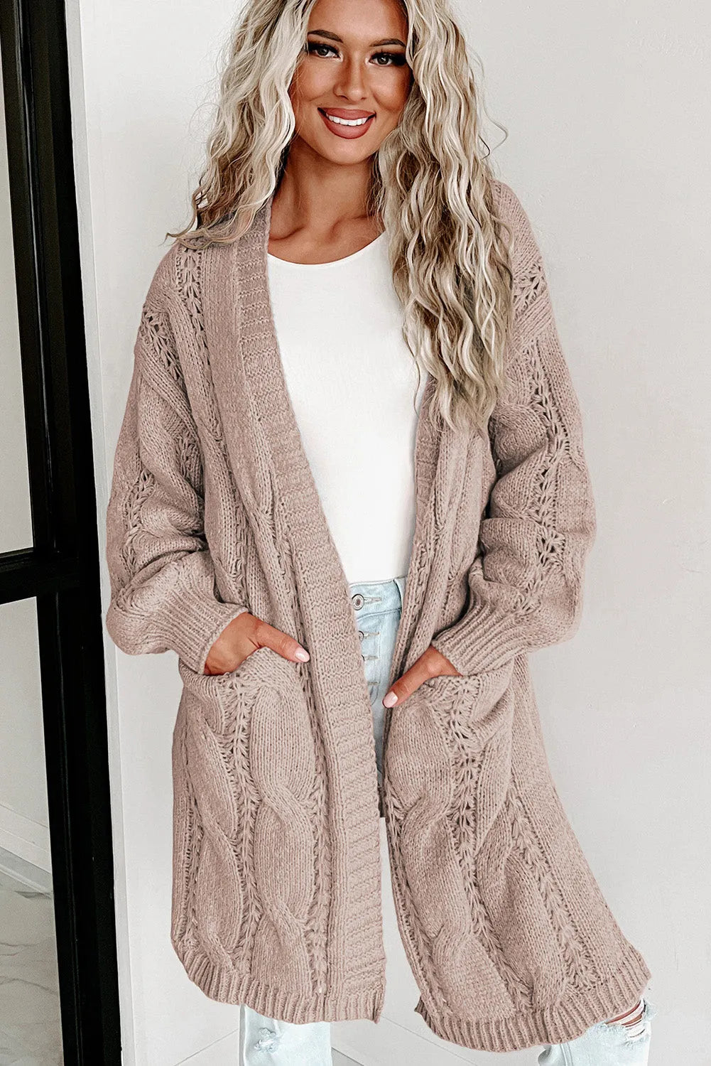 Apricot Ribbed Trim Eyelet Cable Knit Cardigan - Chic Meadow Boutique 