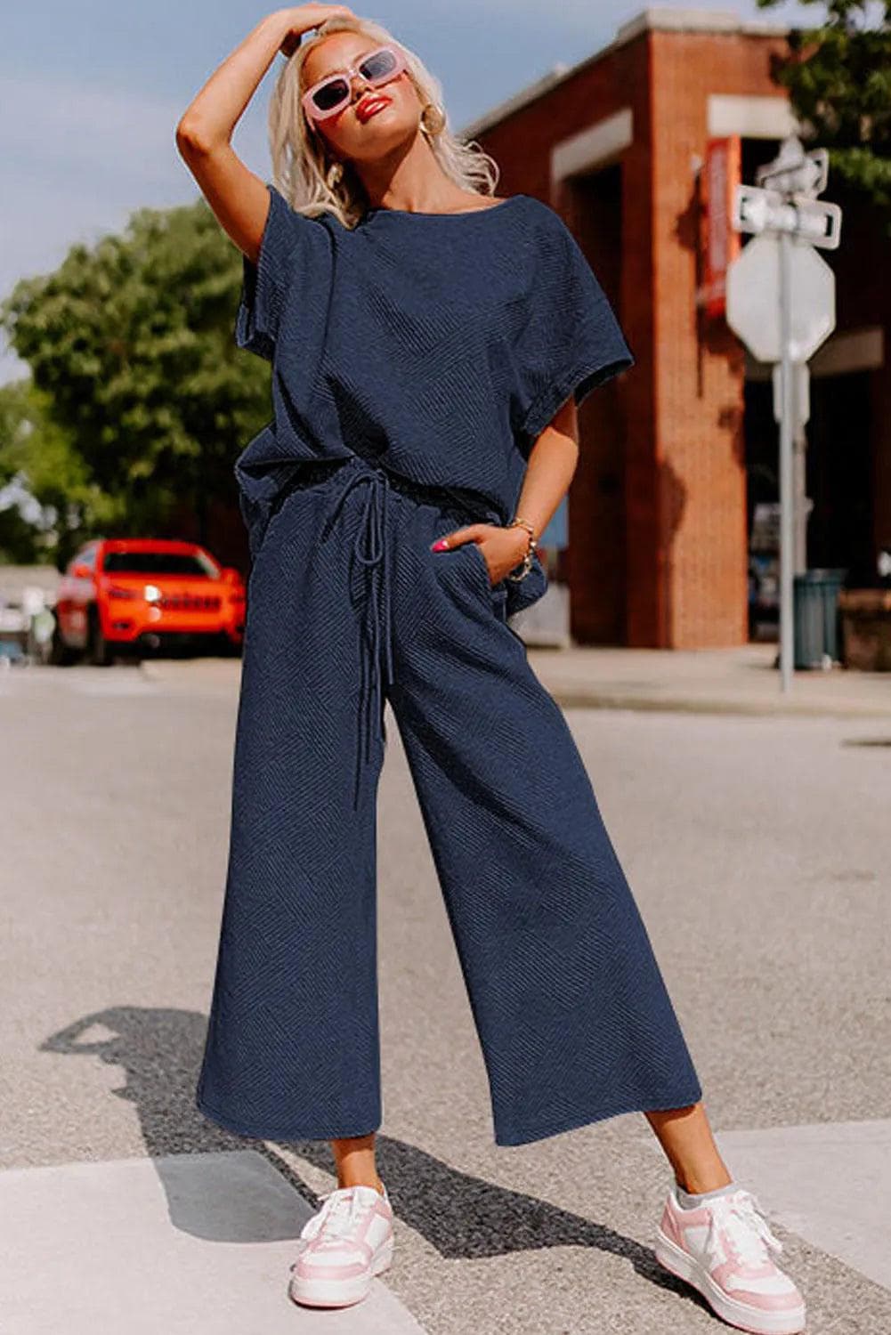 Two Piece Sets/Pant Sets Navy Blue Textured Loose Fit T Shirt and Drawstring Pants Set