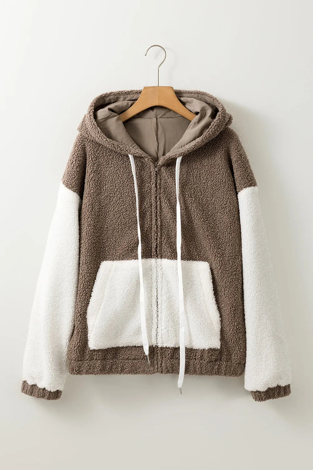 Brown Colorblock Hooded Zip-Up Pocketed Sherpa Jacket - Chic Meadow Boutique 