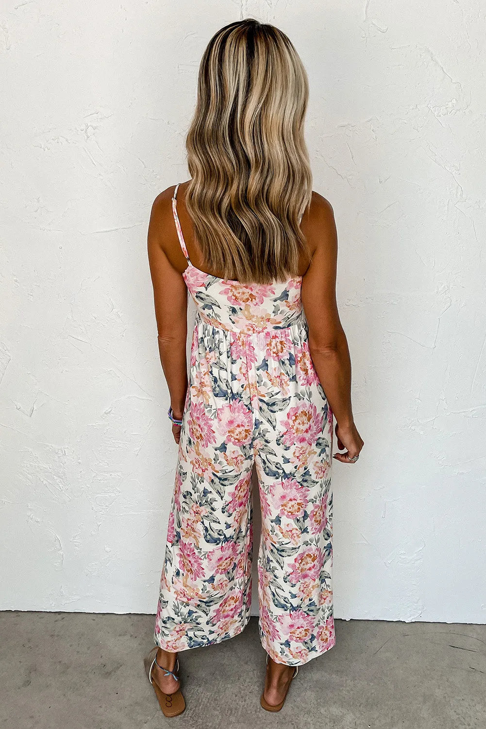 White Floral Spaghetti Straps Wide Leg Jumpsuit - Chic Meadow Boutique 