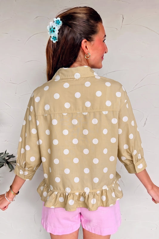 Khaki Polka Dot Print Three Quarter Sleeve Ruffle Hem Casual Shirt