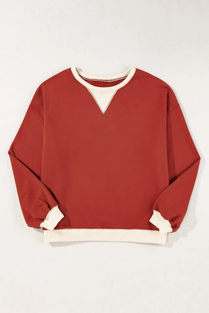 Red Clay Color Block Patch Drop Shoulder Oversized Sweatshirt - Chic Meadow Boutique 