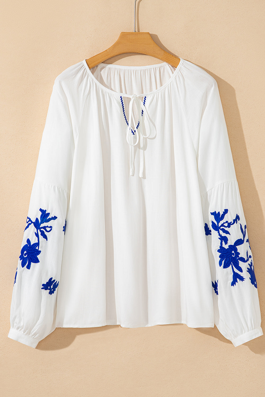 White Floral Embroidered Drawstring V Neck Blouse