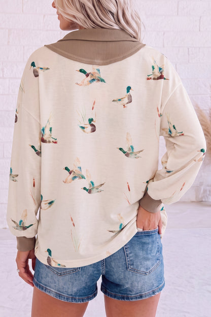 Beige Wild Mallard Print Color Block Patchwork Zip Neck Tunic Top