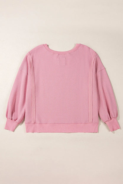 Pink Waffle Knit Bishop Sleeve Split Oversized Sweatshirt - Chic Meadow Boutique 