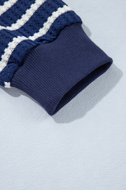 Blue Stripe Textured Knit Half Zip Collared Long Sleeve Top
