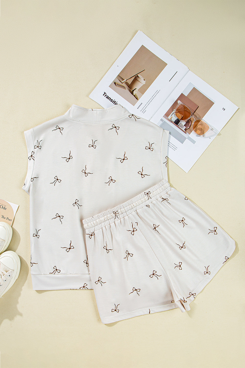 Beige Bow Print Half Zip Tank and Shorts 2pcs Set