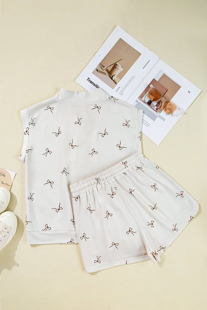 Beige Bow Print Half Zip Tank and Shorts 2pcs Set