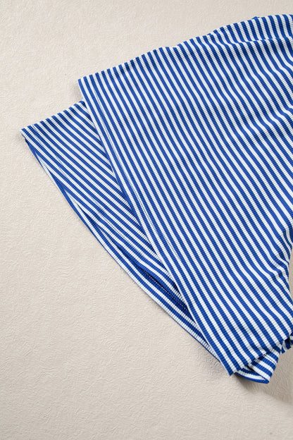 Blue Stripe Oversized Long Sleeve Top Drawstring Loose Shorts 2pcs Set