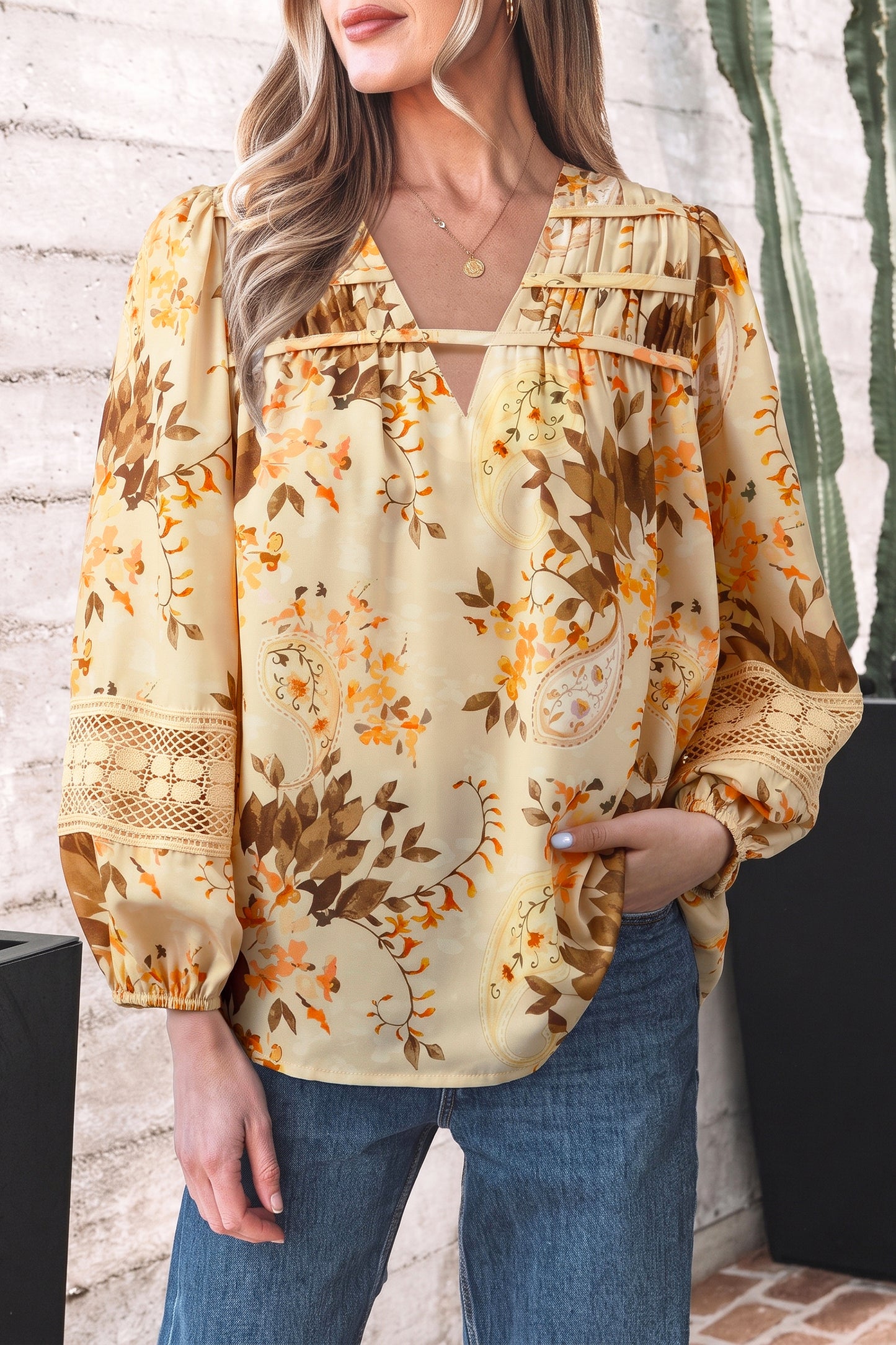 Khaki Paisley Print Decorative Binding Tape V Neck Shift Blouse