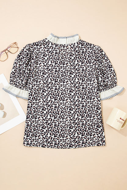 Black Leopard Print Striped Ruffled Color Block Trim V Neck Short Sleeve Blouse