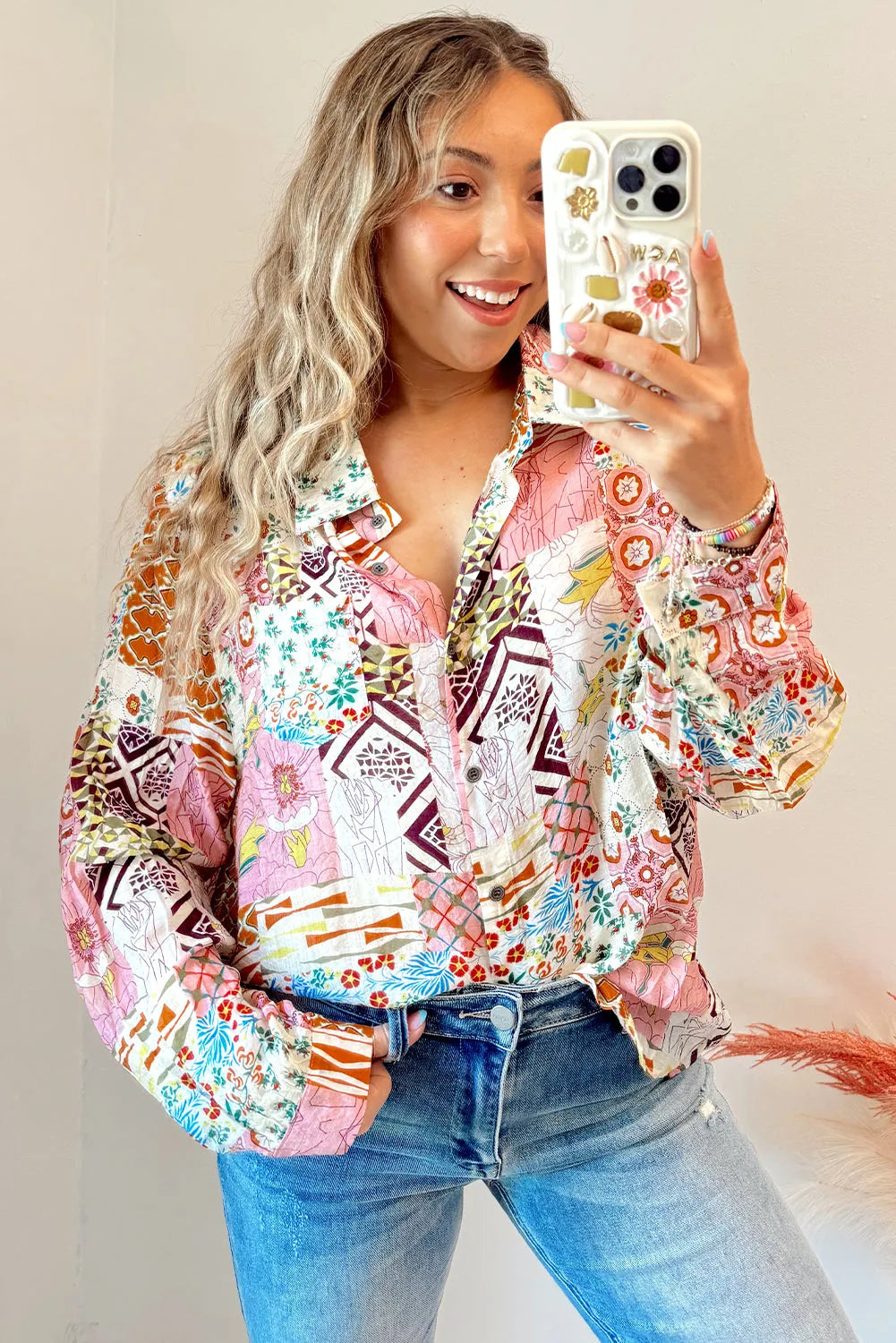 Pink Abstract Colorful Printed Button Down Shirt - Chic Meadow Boutique 