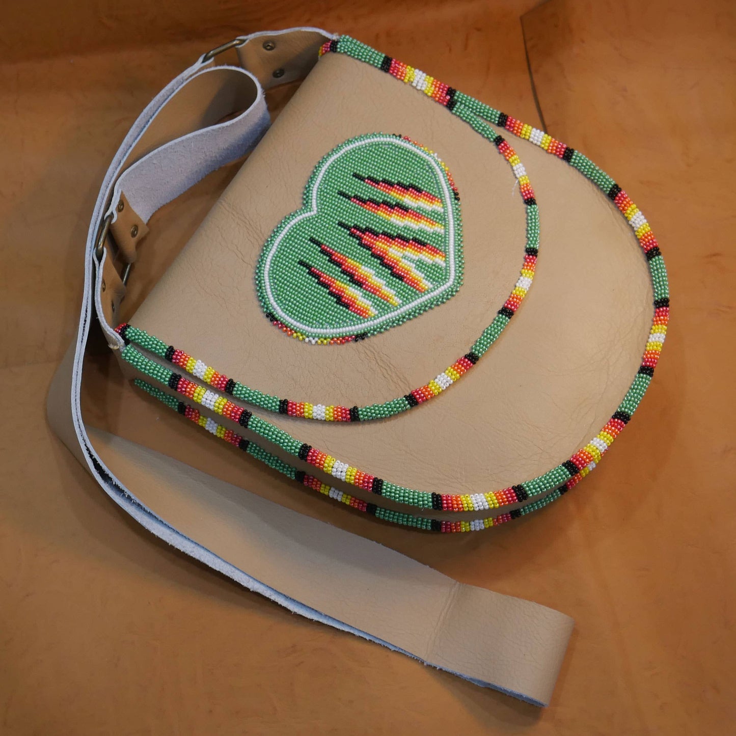 Green Handmade Beaded Leather Crossbody bag Shoulder Bag