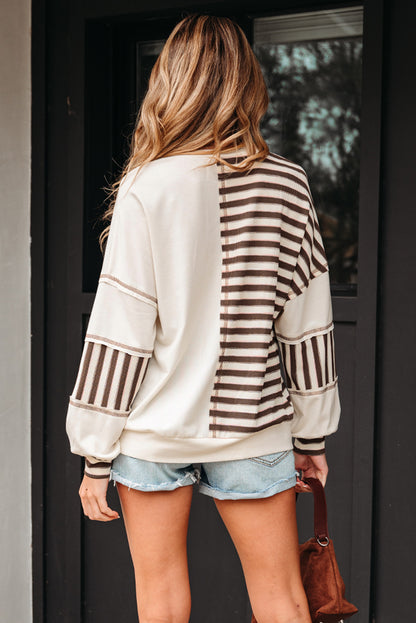 Khaki Stripe Stitched Detail Color Block Patchwork Oversized Pullover Top
