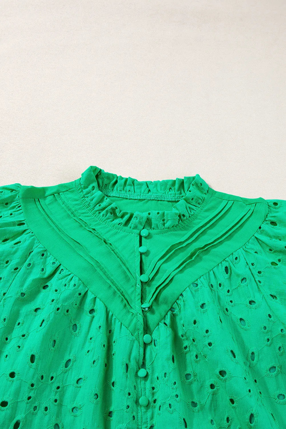 Green Flower Embroidered Hollow-out Puff Sleeve Blouse - Chic Meadow Boutique 