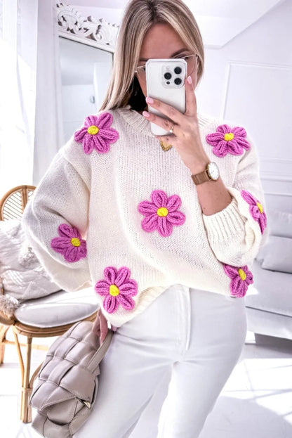 White Floral Crochet Chunky Knit Sweater - Chic Meadow Boutique 