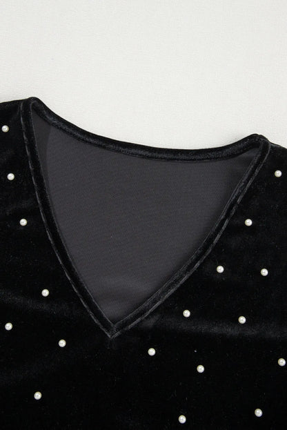 Black Velvet Beaded Long Sleeve V Neck Bodysuit - Chic Meadow Boutique 