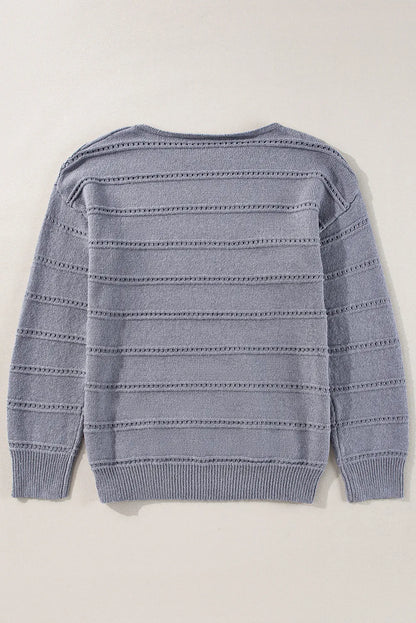 Light Grey Boat Neck Drop Shoulder Pointelle Knit Sweater - Chic Meadow Boutique 